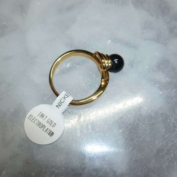 18k Yellow Gold Electroplate Black Onyx Dolphin Ore Ring - Picture 3 of 9